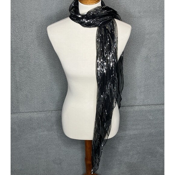 Vintage Black/Silver Sequin Shawl Scarf Wrap Fairy WhimsyGoth Sparklecore - Picture 2 of 5